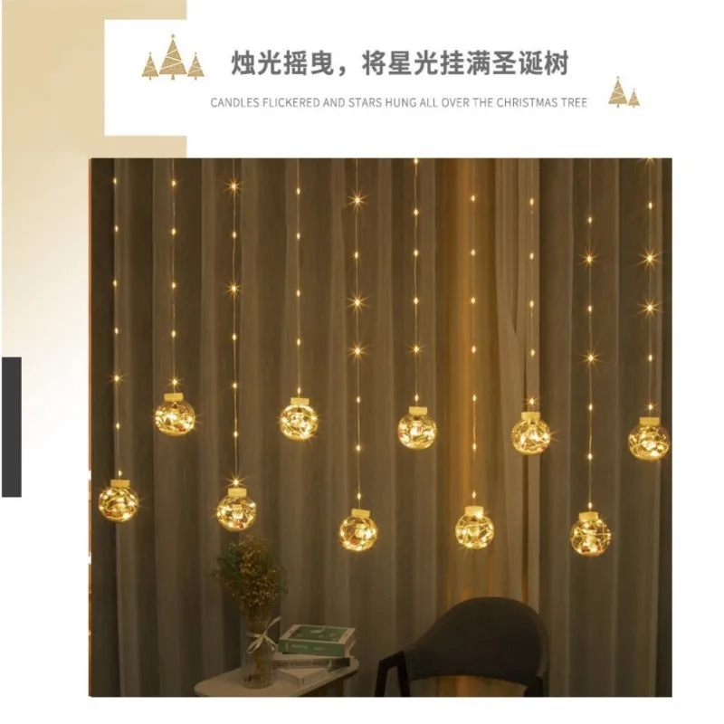 Christmas decoration: wishing balls, curtains, lights, scene arrangement, and festive LED lights