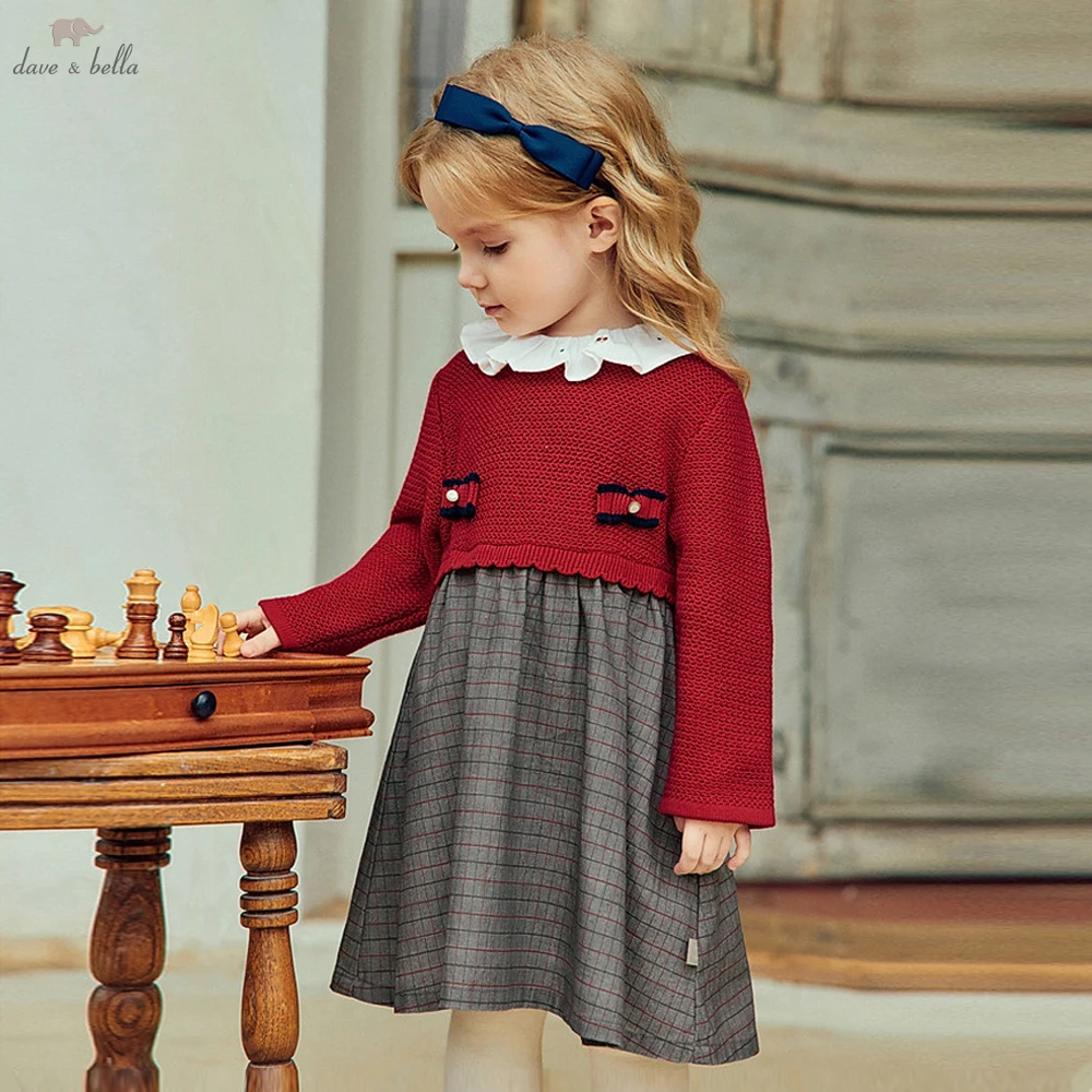 Dave Bella Embroidery Red Lace Mesh Sweater Dress Girls Long Sleeve Party Princess Dress Children Birthday Cloth DB3262939