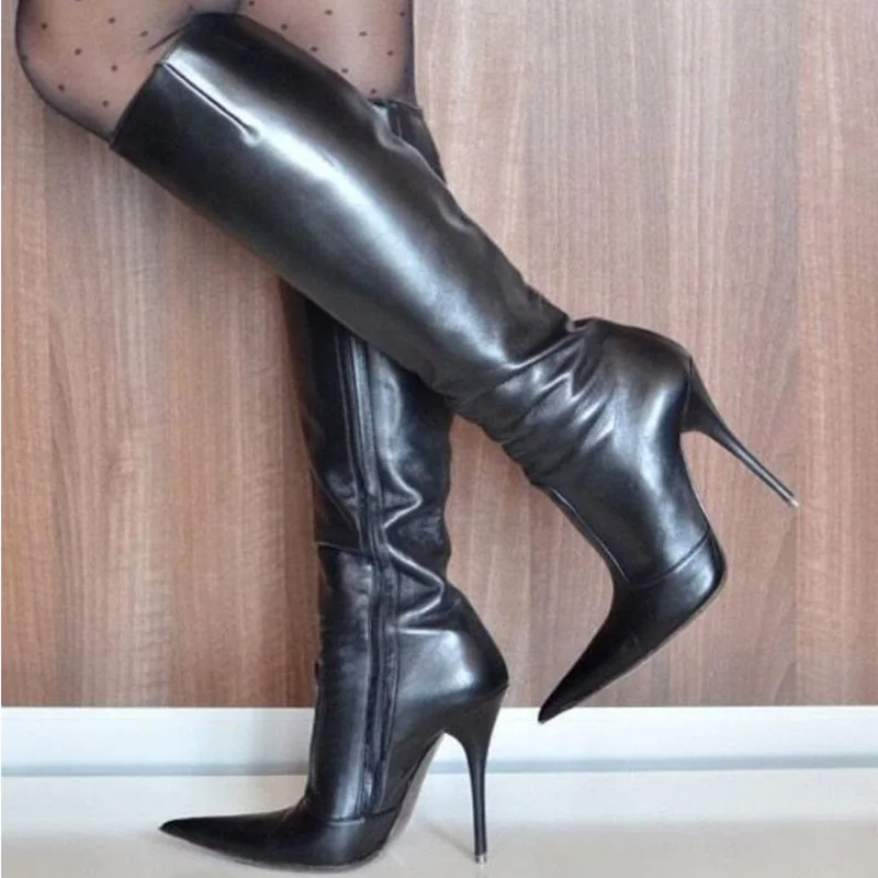 

Stylish Pointy Toe Women Knee High Boots Black White Leather Thin Heels Winter Tall Boots Plus Size 45 Evening Blub Dress Shoes