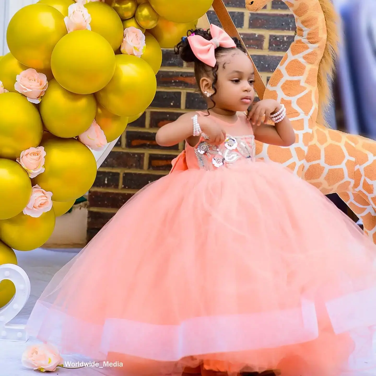 Vestidos de fiesta de cumpleaños para niños, vestidos de flores con cuentas, cuello de Joya, tul, Rosa melocotón, vestidos de baile para niños, boda