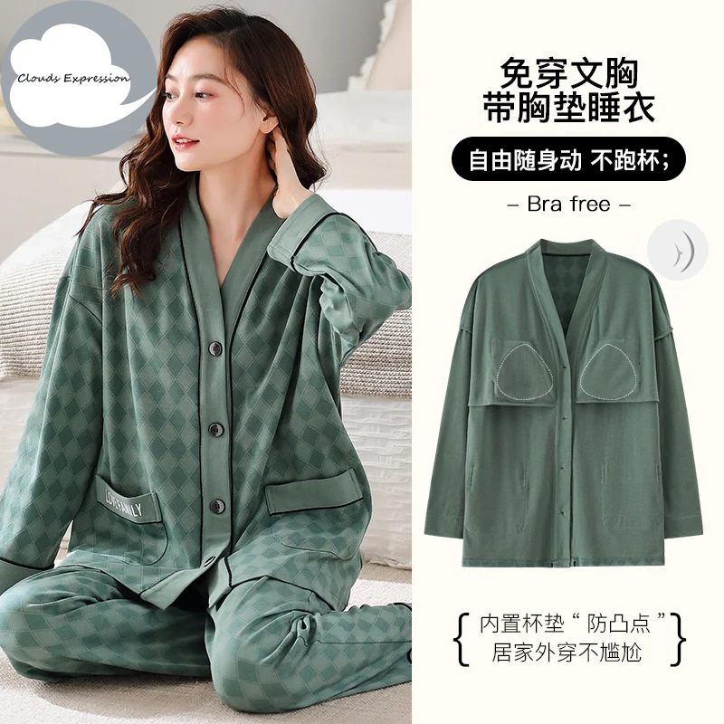 Spring Autumn 5XL Pajama Sets Bust-Padded Nightwear Knitted Pjs Plaid Sleepwear Elegant Women\'s Pajamas Lounge Home Pijama Mujer