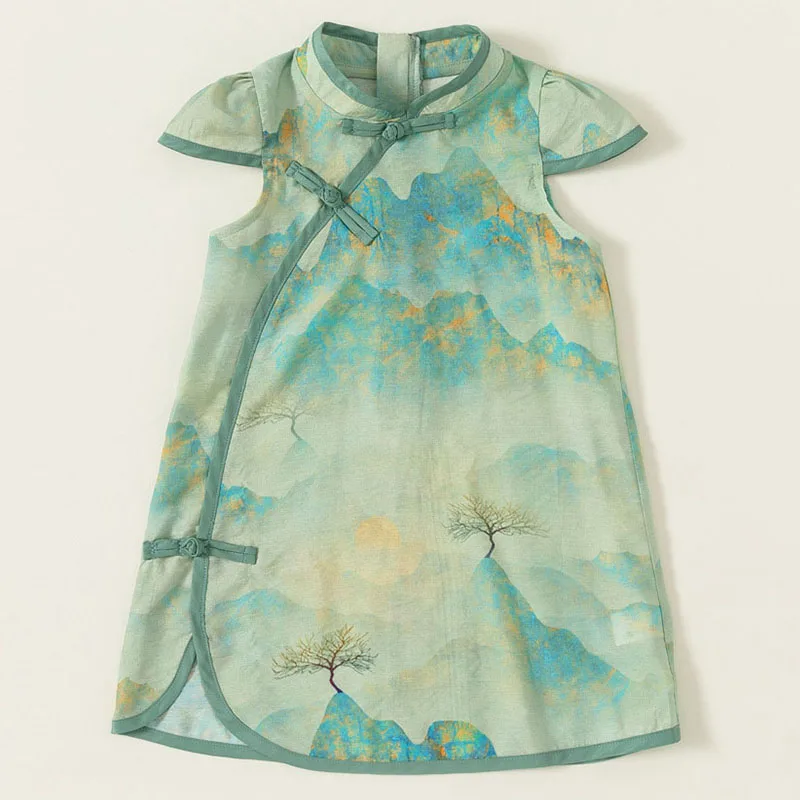 Summer Dresses Children Clothes Girls China Style Cheongsam Fashion Print Sleeveless Princess Dress Kids Boutique Clothing B174