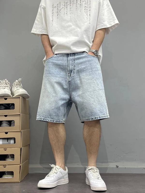 

Мужские летние джинсовые шорты Slim Fit с прямыми штанинами, тонкие, в американском ретро-стиле, модные, средней длины, с завышенной талией, однотонные, повседневные