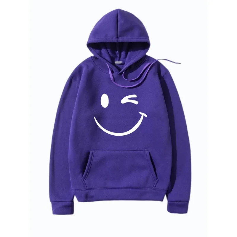 Men Wink Smiley Face Graphic Print Pullover Hoodie Happy Emoji Expression Sweatshirt Kangaroo Pocket Casual Street Hooded Tops