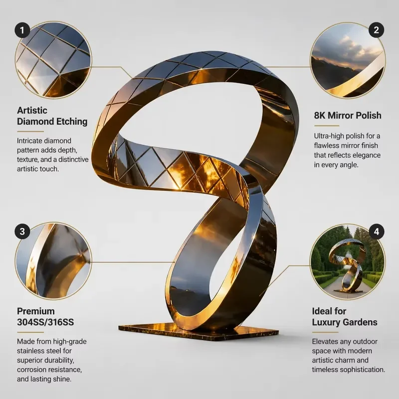 Large Modern Gold Stainless Steel Abstract Sculpture Diamond Pattern Mobius Ring Metal Art Garden Landscape Ornament Decor