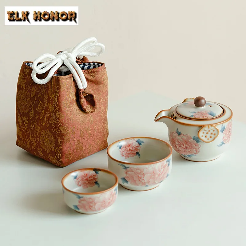 

Ru Kiln фарфоровый цветок гибискуса, дорожный чайный сервиз, роскошный 1 горшок, 3 чашки, органайзер для приготовления чая, портативная сумка для пикника, принадлежности