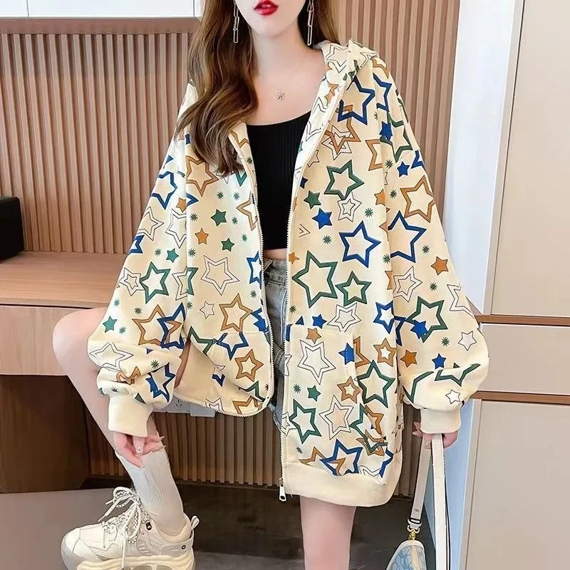 Stars Graphic Female Hooded Top Full Zip Up Coat Emo Korean Fashion Designer Matching Kpop Oversize Women's Hoodies Sweatshirts