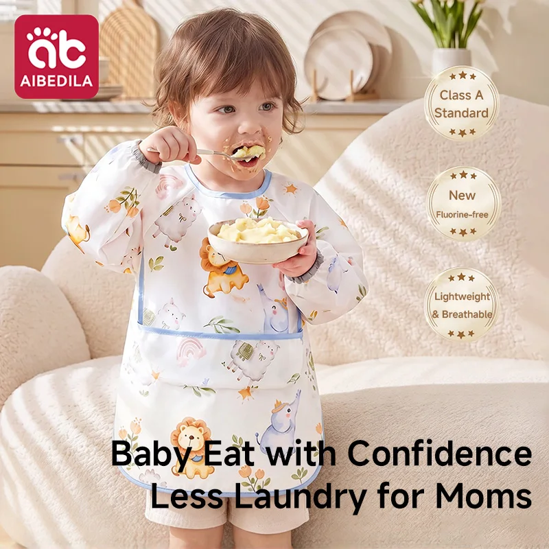 AIBEDILA New Waterproof Kids Eating Bib Smock Apron Girls 3+Y Toddler Kindergarten Weaning Food Anti-dirty Dining Coverall