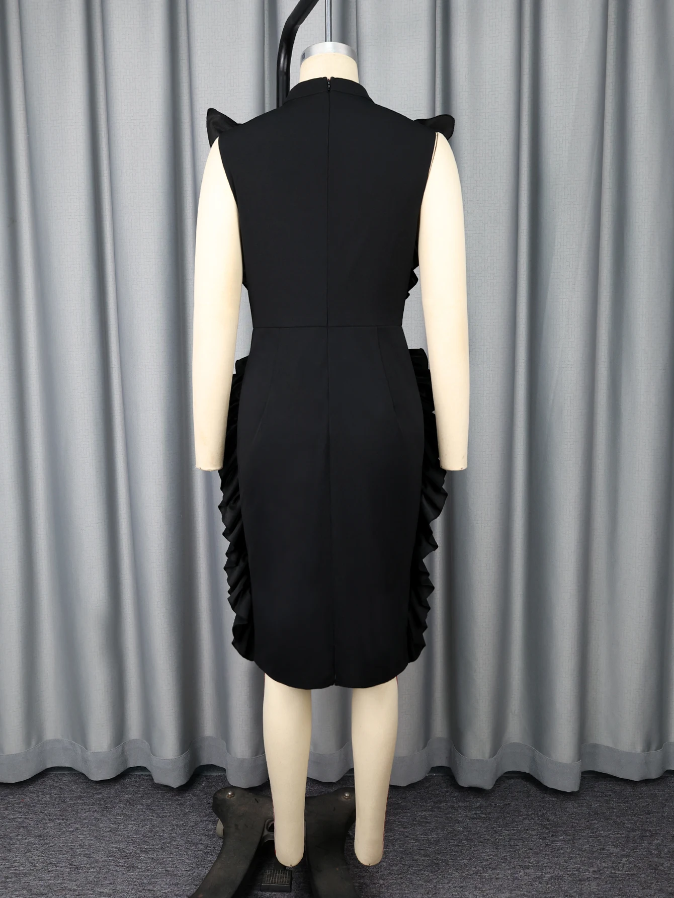 Preto bodycon midi vestidos para mulheres o pescoço sem mangas em camadas babados cintura alta bainha moda chique magro festa clube vestidos