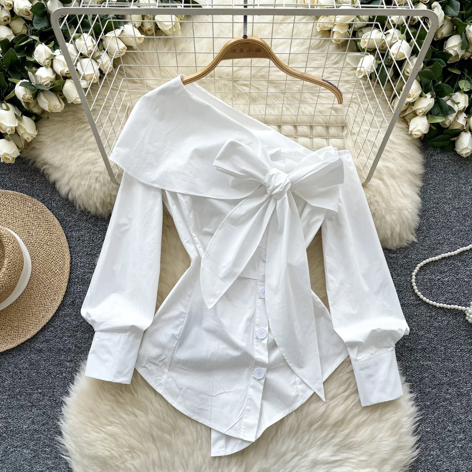 Basics Diagonal Collar Elegant Butterfly Asymmetrical Vintage Long Sleeve Slim Top French Streetwear High Street Autumn Blouse