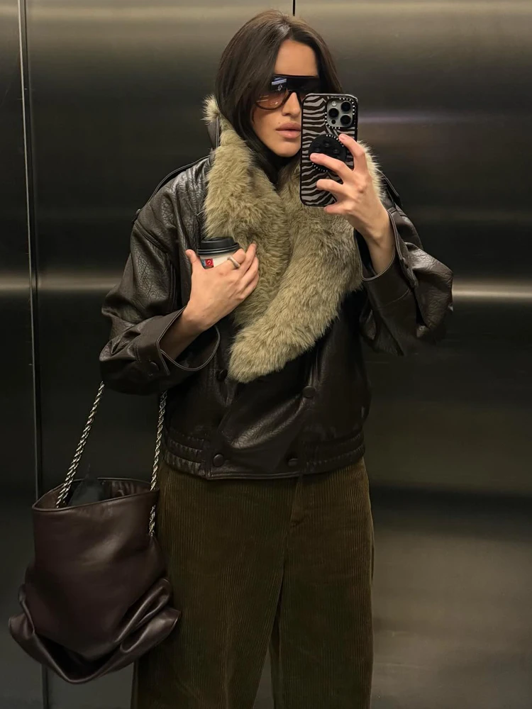 HH – veste bombardier en cuir pour femme, col en fausse fourrure, ample, manches longues, Double boutonnage, revers détachable, manteau chaud, Streetwear, hiver