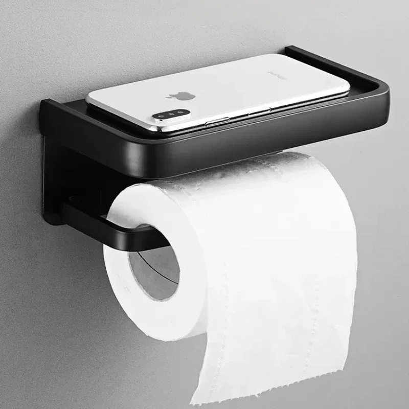 Perforated Toilet Tissue Holder for Mobile Phone Storage Wall Mounted Toilet Tissue Box Roll Paper Toilet Paper Holder Black