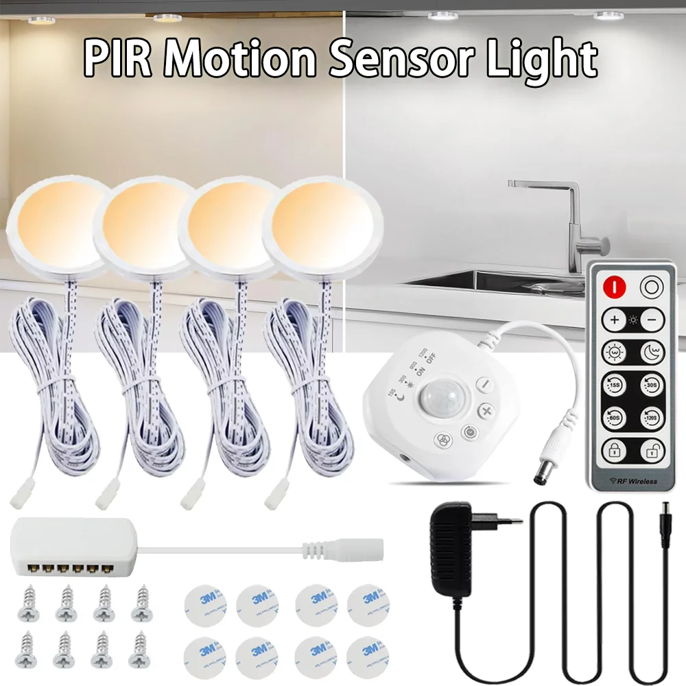 DC12V Warm/White Dimmable Spotlight Mini LED Circular Simple Ceiling Light Exhibition Cabinet Lamp PIR Motion Sensor Auto ON/OFF