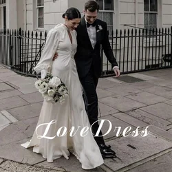 Love Elegant Long Puffy Sleeves Slik Pleated Wedding Dress Sexy A-Line Open Back High Neck Floor Length ribbon Simple Customized