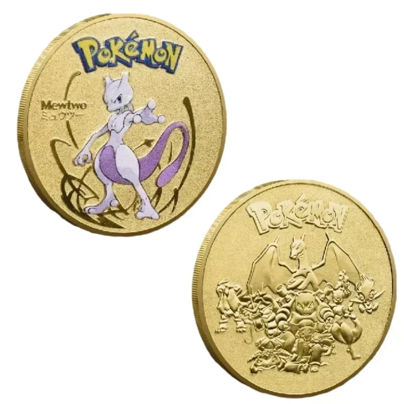 Moneda conmemorativa chapada en oro de Anime Pokemon, Pikachu, Charizard, Mewtwo, colección de juego de monedas de oro, regalo de Navidad