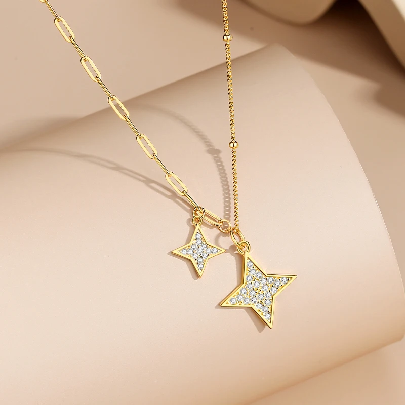 Summer NEW Shiny Star Clear Zircons Necklace For Women Two Diamond Stars Pendant Chain Set 925 Sterling Silver Fine Jewelry Gift