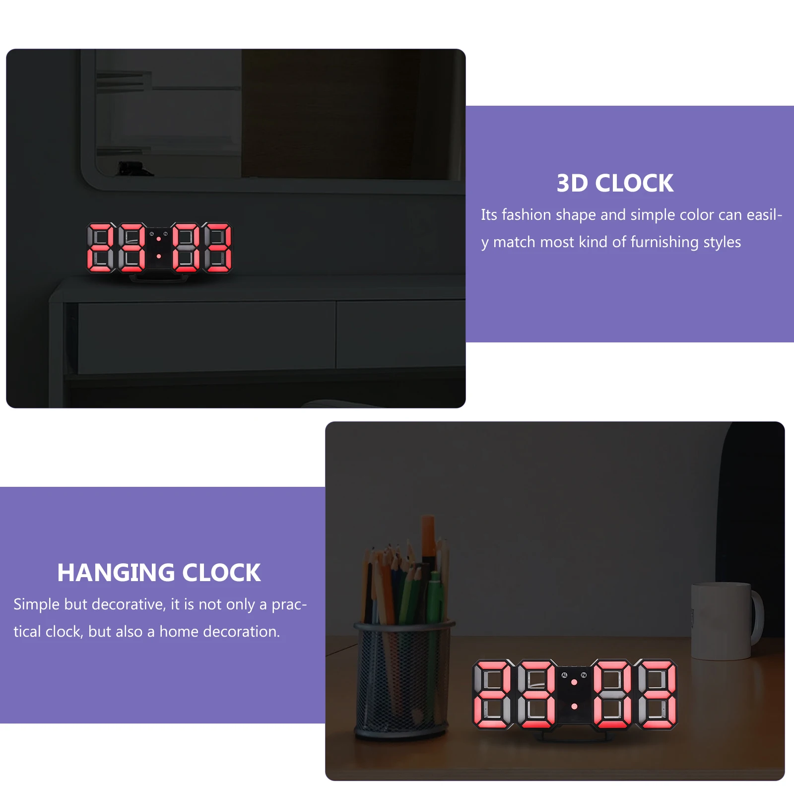 

3D Digital LED Wall Clock Large Numbers Brightness Adjustable Decor for Living Room Bedroom Easy to Read