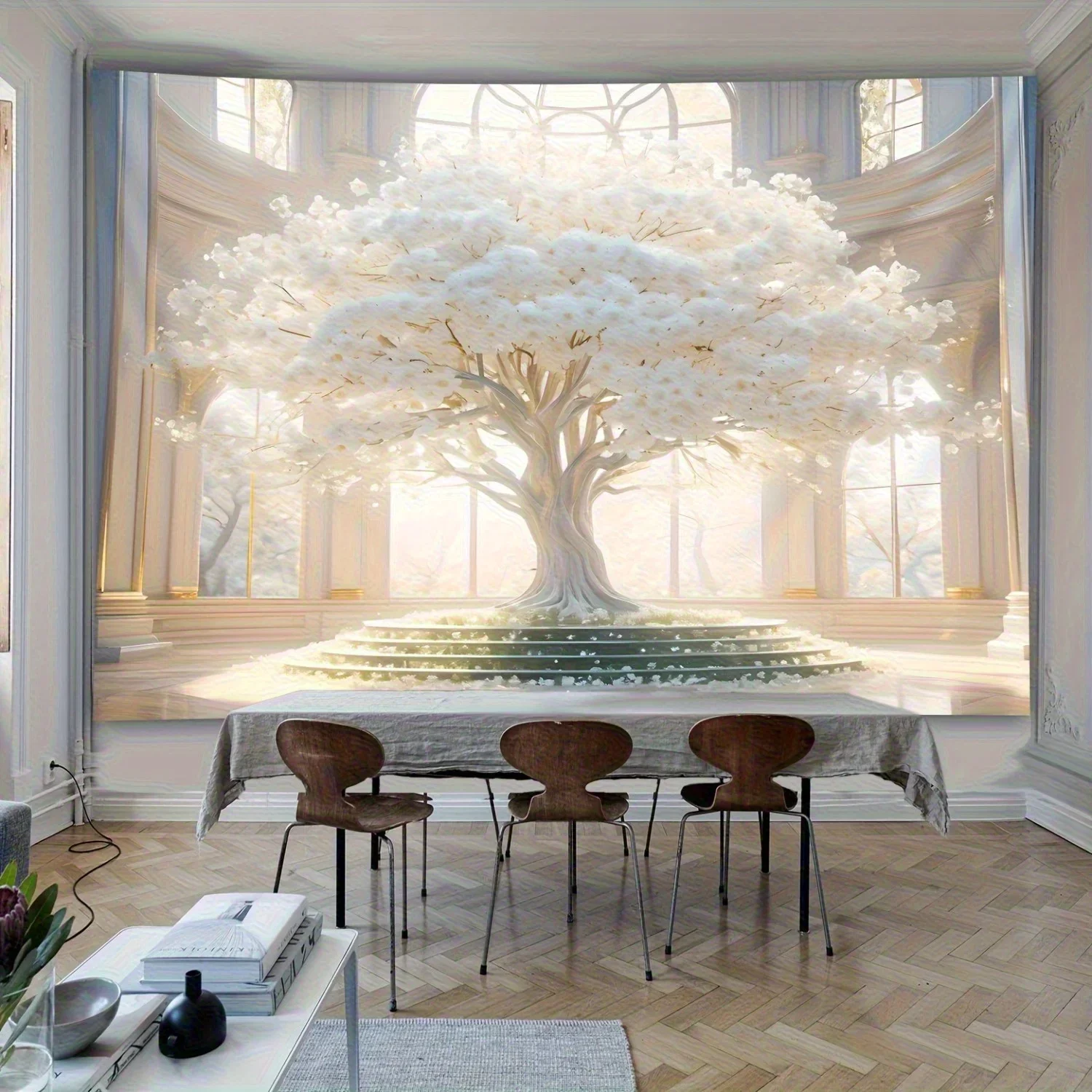 White Blossom Tree In Grand Hall Wall Art Fantasy Nature Decor Elegant Interior Design Living Room Dining Space Boho Style