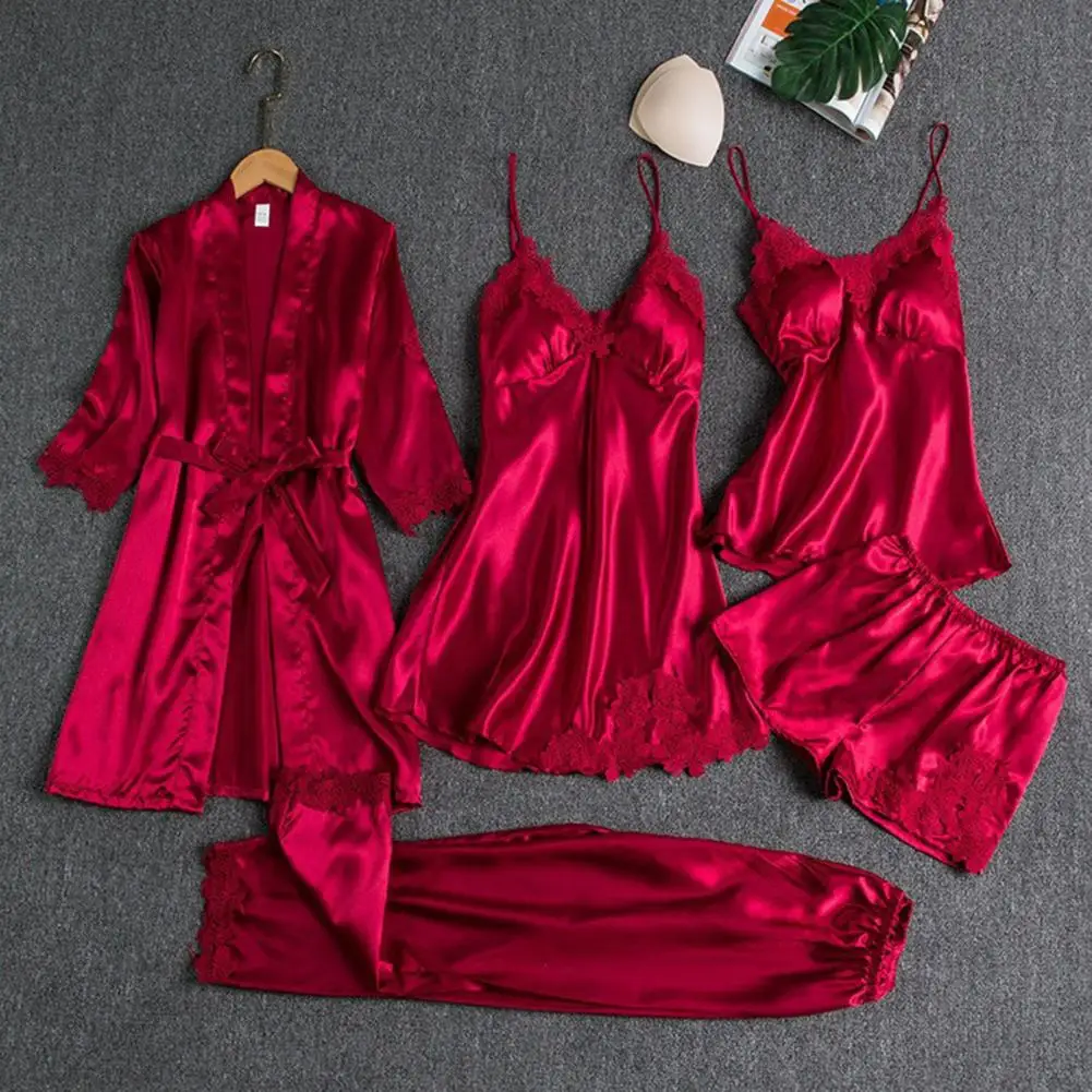 

Breathable Nightgown Trousers Elegant Satin Lace Pajama Set with Lace-up Waist 5-piece Nightwear Set for Women Silky Nightgown