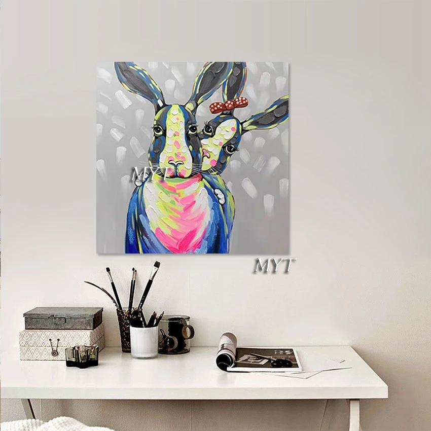 Kids Room Pictures Cartoon Rabbit Animal Oil Painting Hand-painted Modern Textured Wall Art Wallpaper Home Decoration Frameless