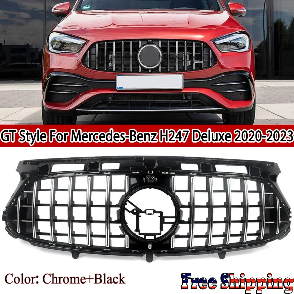 For 20-23 Mercedes Benz H247 Deluxe GT R Style Front Bumper Grille Chrome+Black