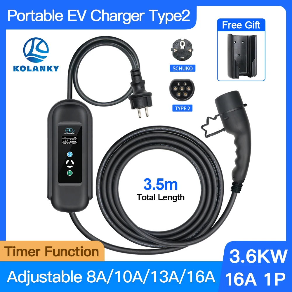 EV Portable Charger Type 2 16A 3.6KW IEC62196-2 EVSE Charging Cable 3.5M EU Plug Controller Wallbox For Electric PHEV Car