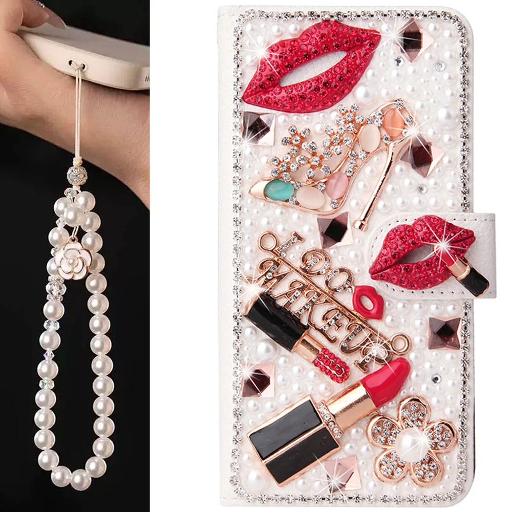 Pearl Lanyard Leather Case for Samsung Galaxy S23 S22 S21 S20 FE S10 S24 Plus Note 20 Ultra 10 Red Lips Flip Wallet Card Cover