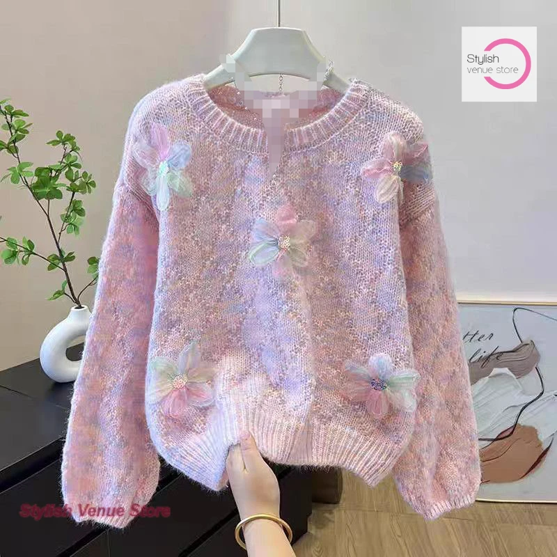 

French gradient three-dimensional flowers super beautiful sweater women's autumn and winter new fashion round neck short sweater