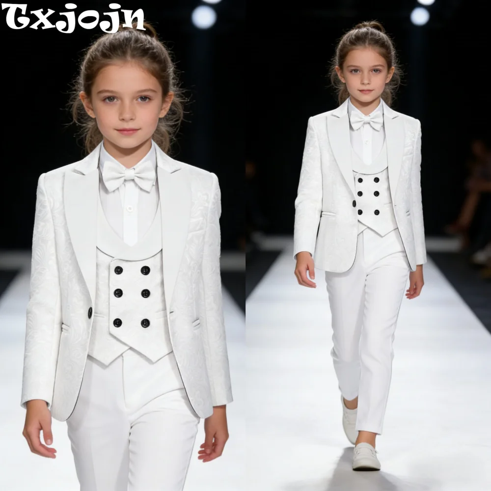 

Жаккардовый костюм унисекс, комплект из 4 предметов для выступления на сцене, белые элегантные облегающие костюмы для девочек, наряд для обручального кольца, От 3 до 14 лет