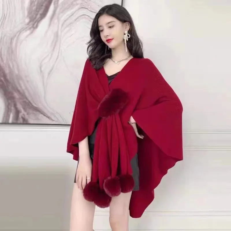 

Autumn Winter New Imitation Wool Ball Cape Knitted Cardigan Irregular Capes Ponchos Women Capes Red Cloak