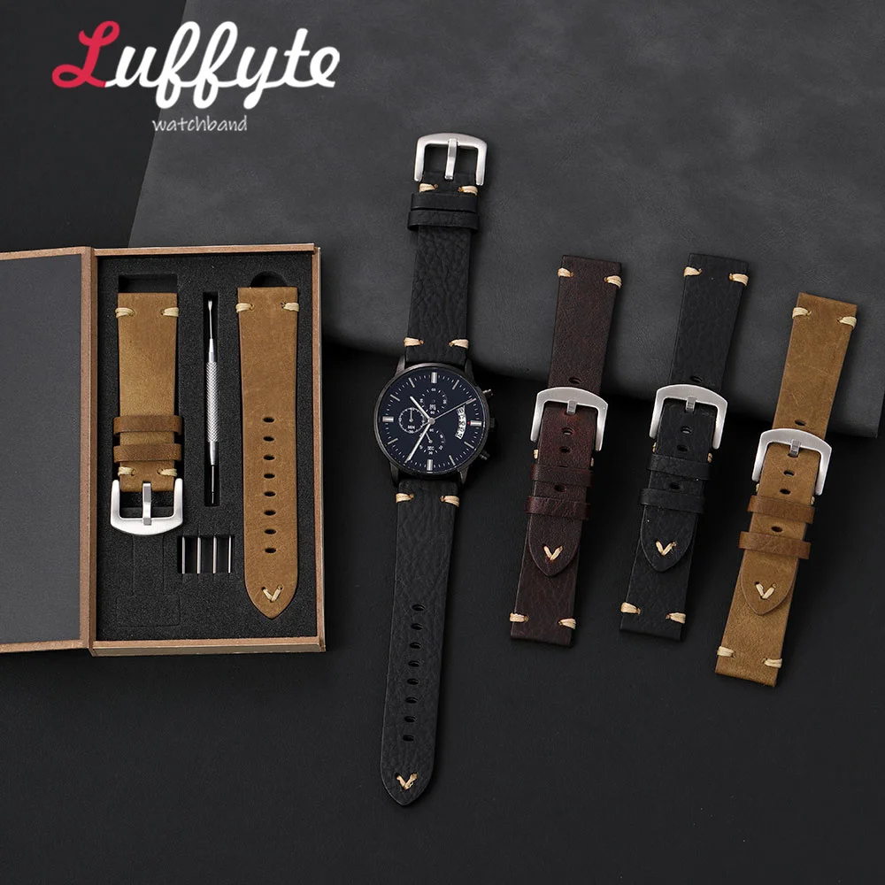 Vintage Business Men Calfskin Genuine Leather Watch Strap 18mm 20mm 22mm with Gift Packing Box Comfortable Wristwatch Band