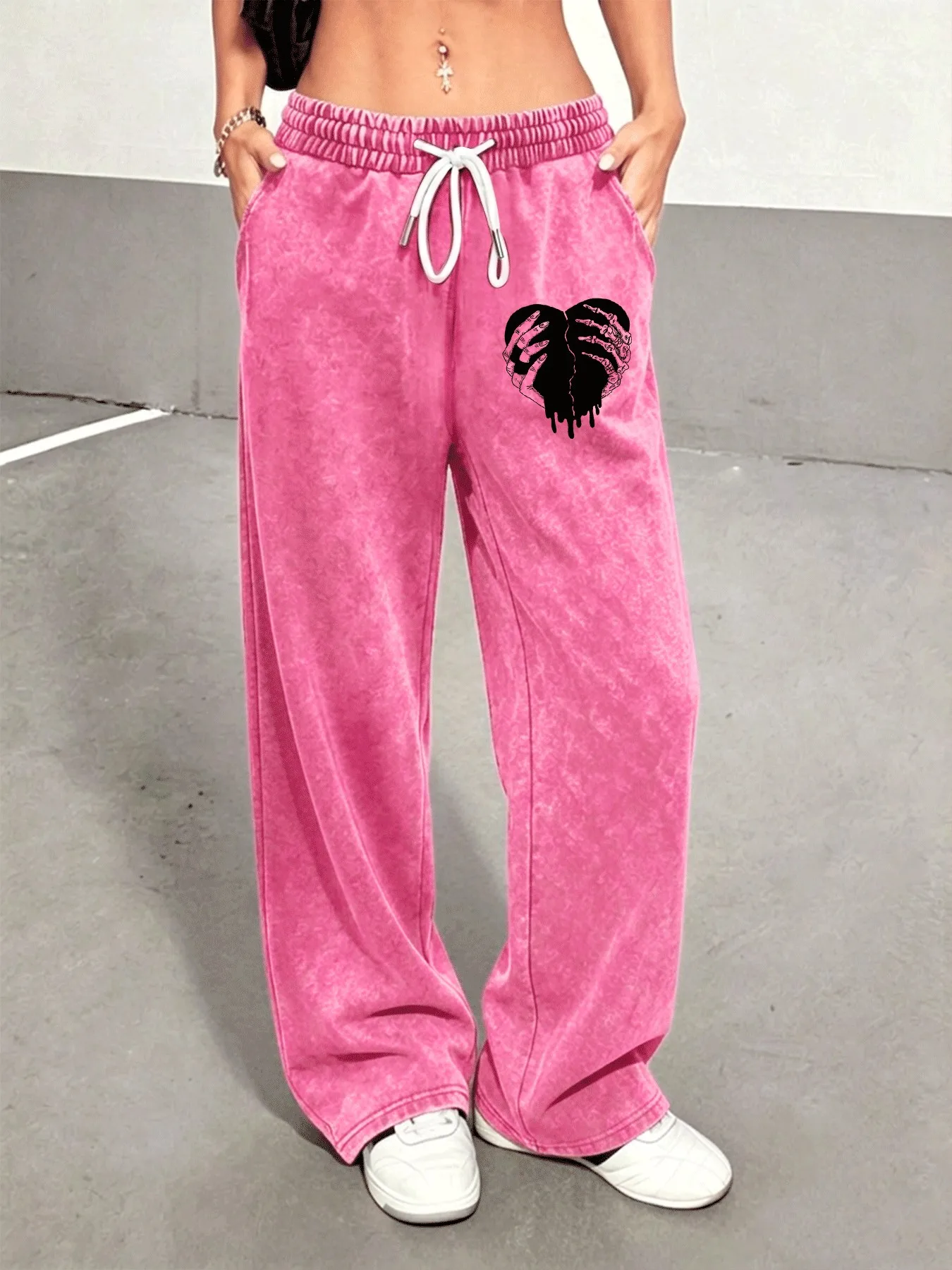 Vintage Washed Distressed Women's Trousers, Stylish Comfortable Versatile Y2K Heart Print Pants
