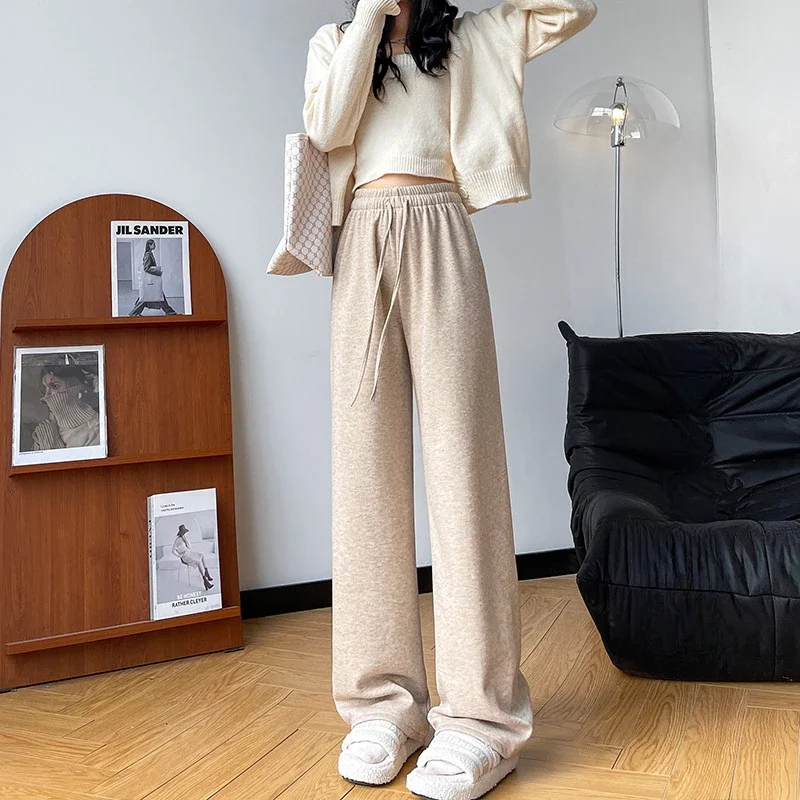 Knitted Drawstring Plush Wide Leg Pants Fashion Solid Color High Waist Floor Length Pants Slimming Straight Leg Casual Pants