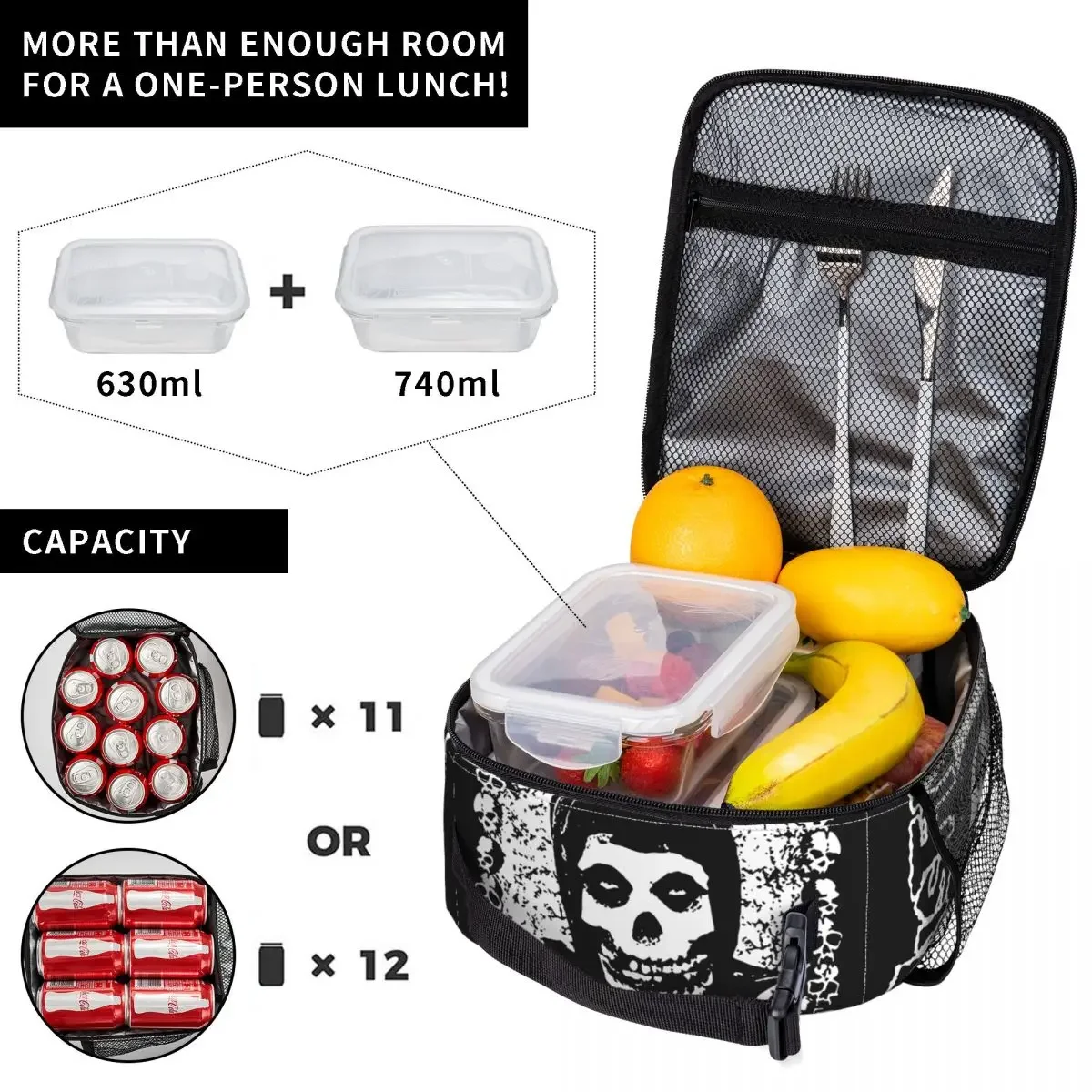 The Misfits Insulated Lunch Bags High Capacity Skull Lunch Container Cooler Bag Tote Lunch Box Beach Picnic Food Handbags