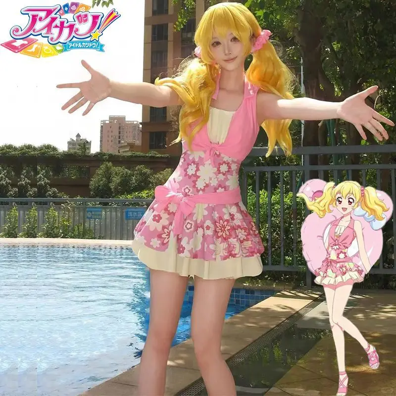 

Aikatsu Ichigo Hoshimiya Cosplay Costume - Summer Pink Floral Ruffle Skirt Set with Bow for Anime Conventions & Party