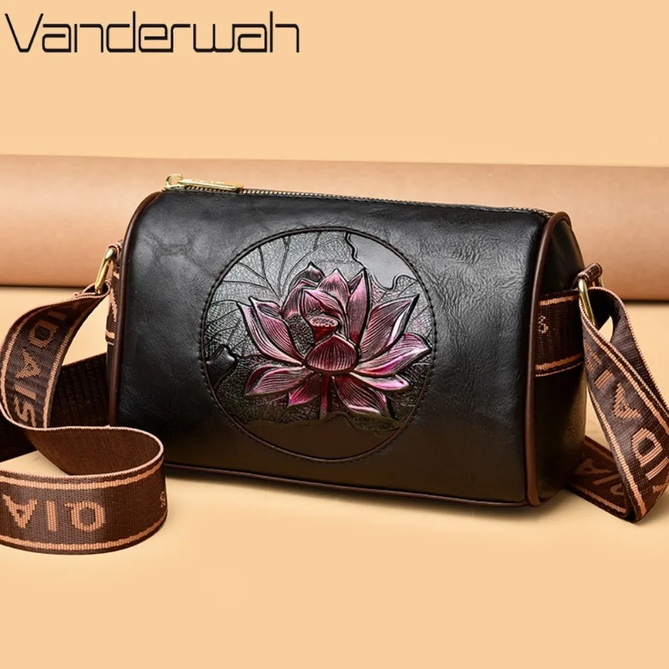 

3D Relief Lotus Flowers Women Handbag Soft Leather Shoulder Crossbody Bags for Women Kangaroo Brand Wide Shoulder Straps Sac New