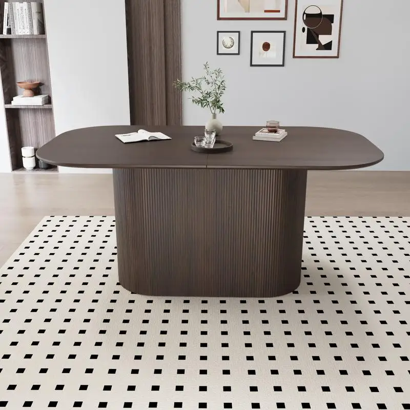 طاولة طعام بنية MDF مقاس 63 بوصة، حافة عادية، مقاعد 4-8، أرجل مخططة عمودية، بلوزة سميكة أنيقة، مثالية للاستخدام المنزلي والمطبخ