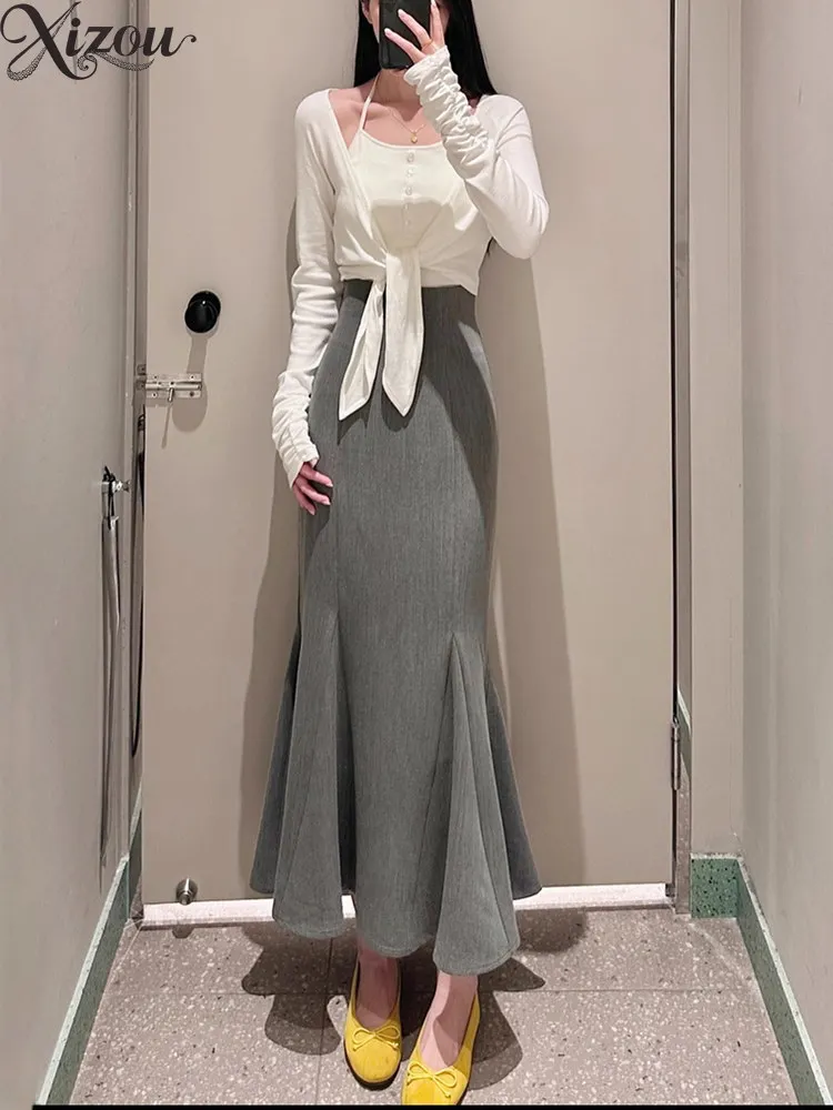 Elegant High Waist Slim Fit Mermaid Fish Knitted Midi Skirt Women Spring Autumn 2025 Japanese Korean Solid Color Plaid Skirts