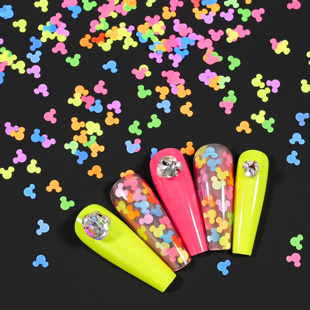 10 g/borsa fluorescente testa di Topolino glitter per unghie paillettes 3D colori misti a forma di stella a cinque punte, decorazione per unghie in scaglie di design di Topolino