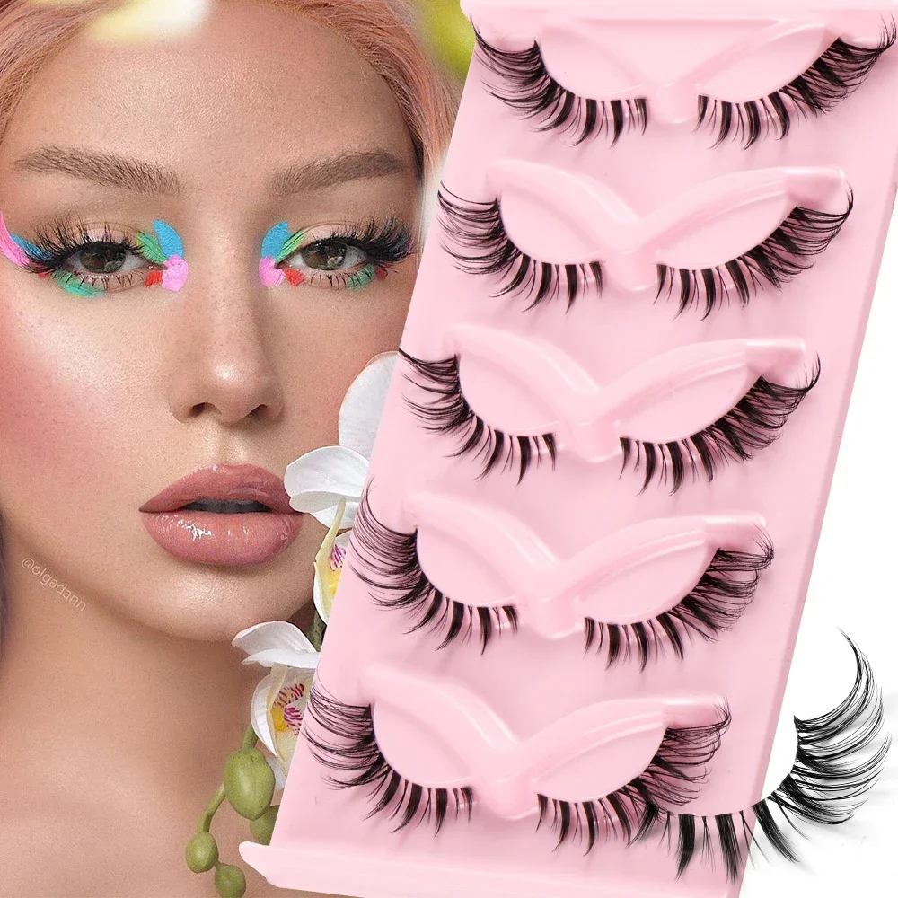 

5 Pairs Fake Eyelashes Cat Eye Natural Tapered Half Lashes Fox Eye Winged Cat Eye Mink Lashes Extension Makeup