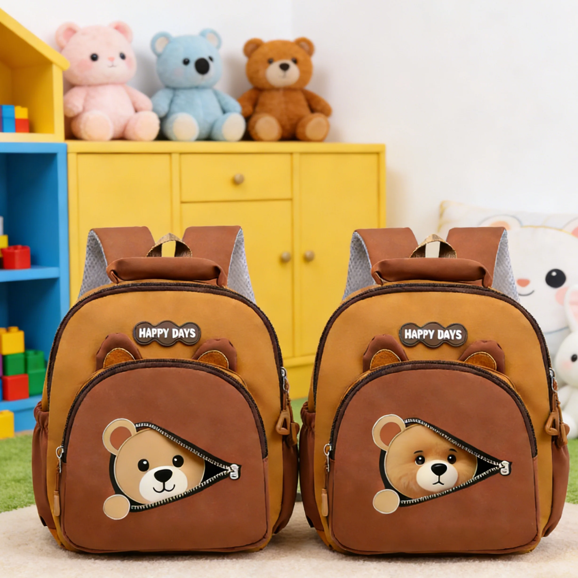 

Cute cartoon children's backpack, featuring a zippered bear design, made of lightweight nylon material.