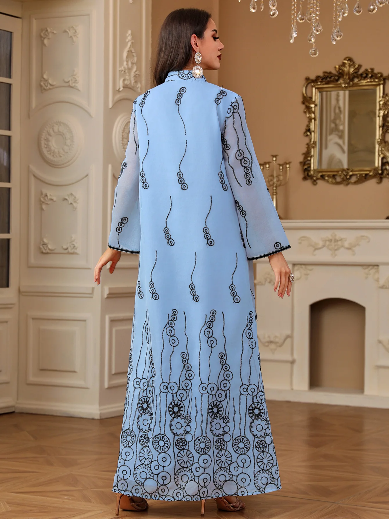 Abaje damskie muzułmańskie w stylu tureckim z Bliskiego Wschodu: sukienki z długim rękawem z siateczki, haftowane aplikacjami premium w stylu saudyjskim. M-XXL
