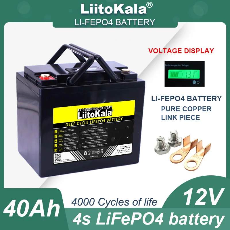 LiitoKala 12v/12.8V 40AH LiFePO4 Battery with 4s BMS Motorcycle Ignition Batteries Inverter Solar 14.6v 10A Charger