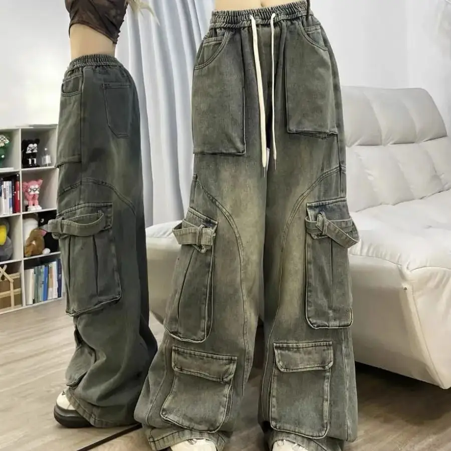 

American Hip-Hop Street Do Old Water Washing Trousers Personality Straight Multi Pocket Design Jeans Loose Vintage Casual Pants