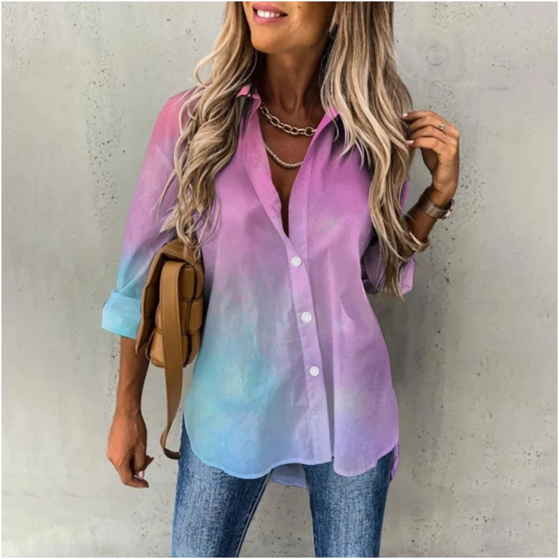 New women\'s shirt top gradient color pattern personalized fashion elegant commuting style shirt street trend top for women