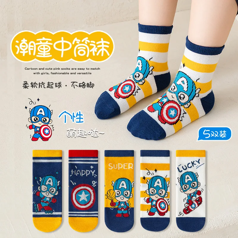 

5 Pairs Marvel Kids Socks Kawaii New Fall Winter Cartoon Boy Children Mid-calf Socks Cotton Sock for 1-12 Years Gift