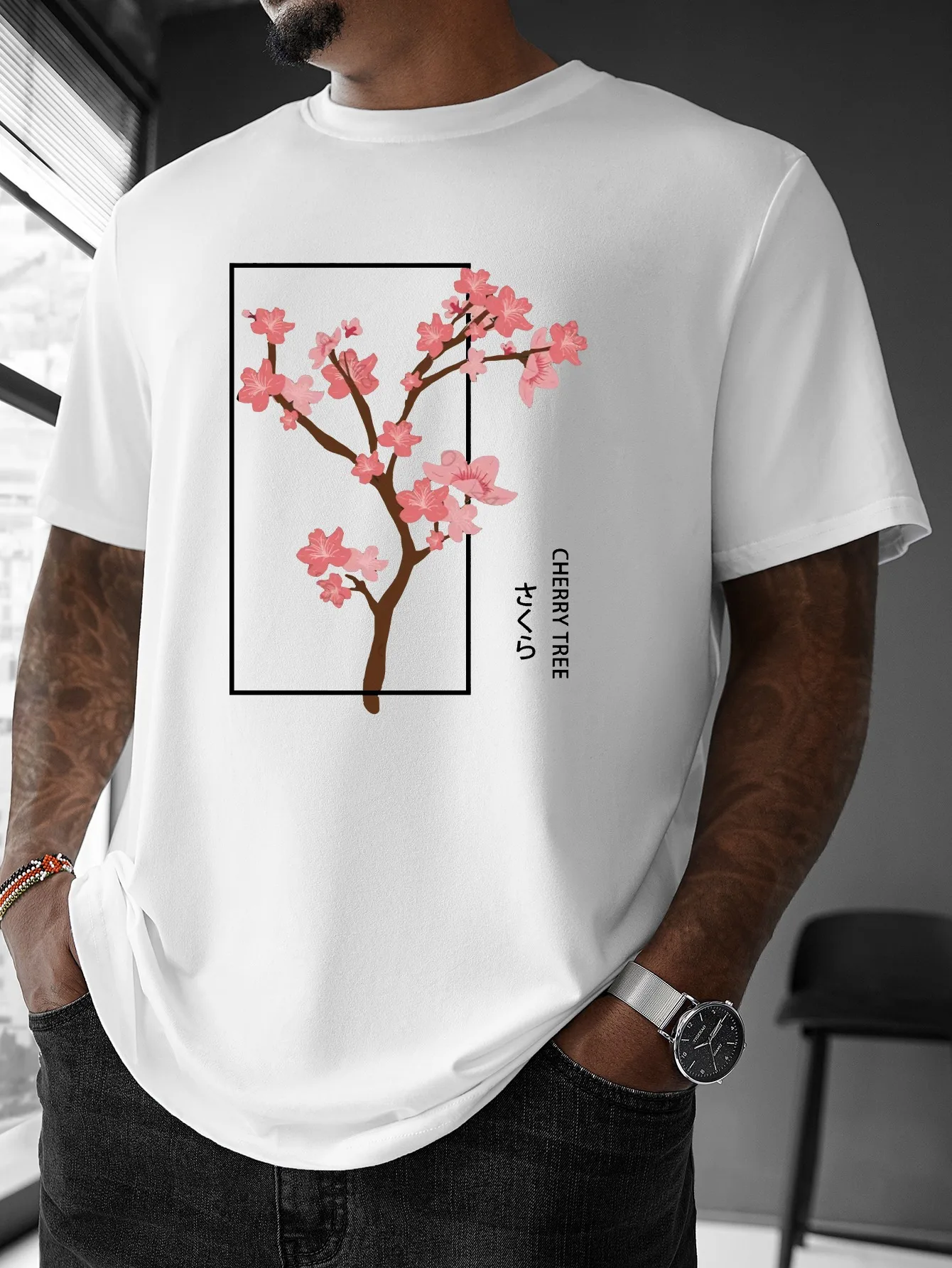 Japanese Cherry Blossom Sakura Graphic Mens T Shirt Oriental Floral Art Short Sleeve Crew Neck Cotton Tee Street Casual Wear Top
