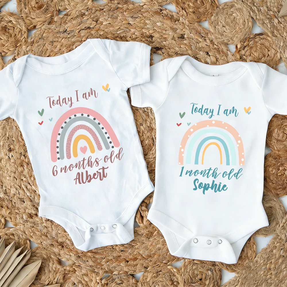 

Custom Baby Name Newborn Romper Rainbow Design 1-12 Monthly Milestones Onesies Baby Jumpsuit for Boys and Girls Gift