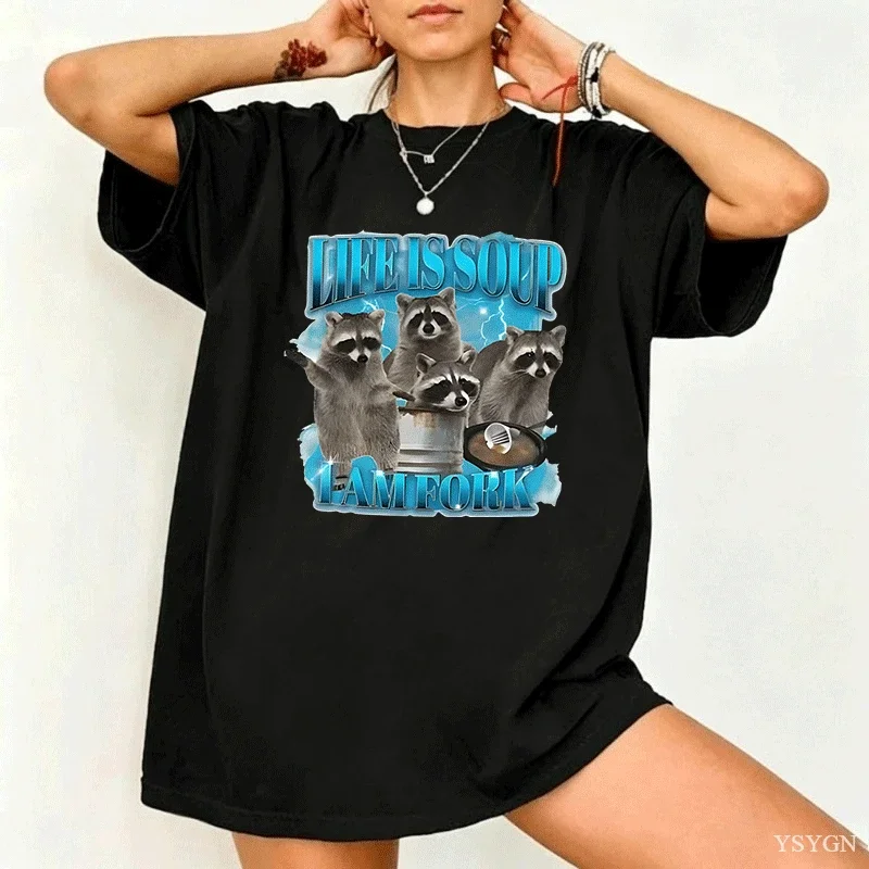 Funny Raccoon T-Shirt Men Women Life Is Soup I Am Fork T Shirt Raccoon Vintage Graphic Tee Animal Lover Tshirt Streetwear Tops