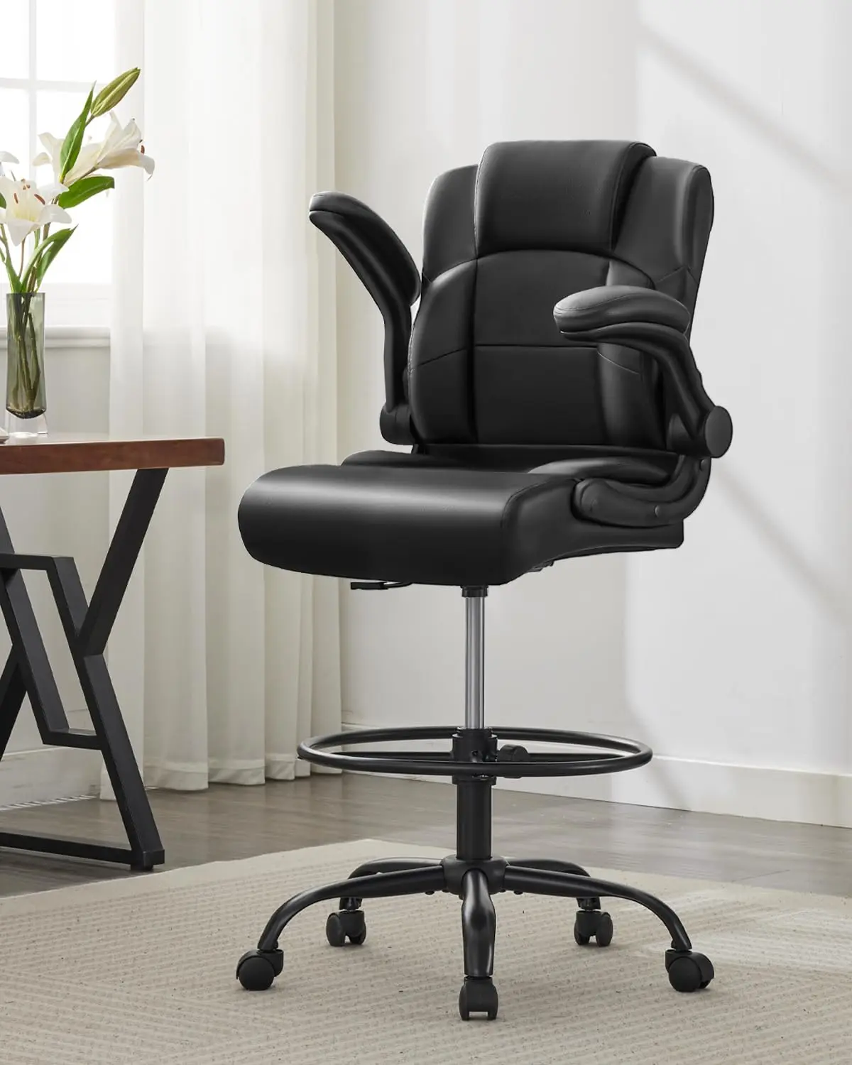 Ergonomic Drafting Chair Tall Standing Desk Flip-Up Armrest Adjustable Foot Ring & Height Leather Executive Customized